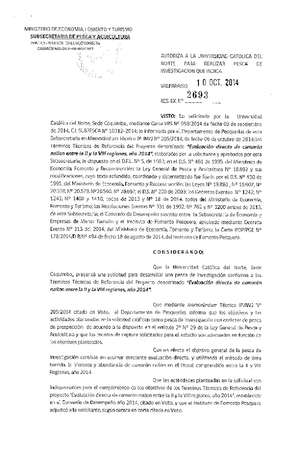 R EX N° 2693-2014 Evaluación directa de camarón nailon entre la II y la VIII Regiones, año 2014.