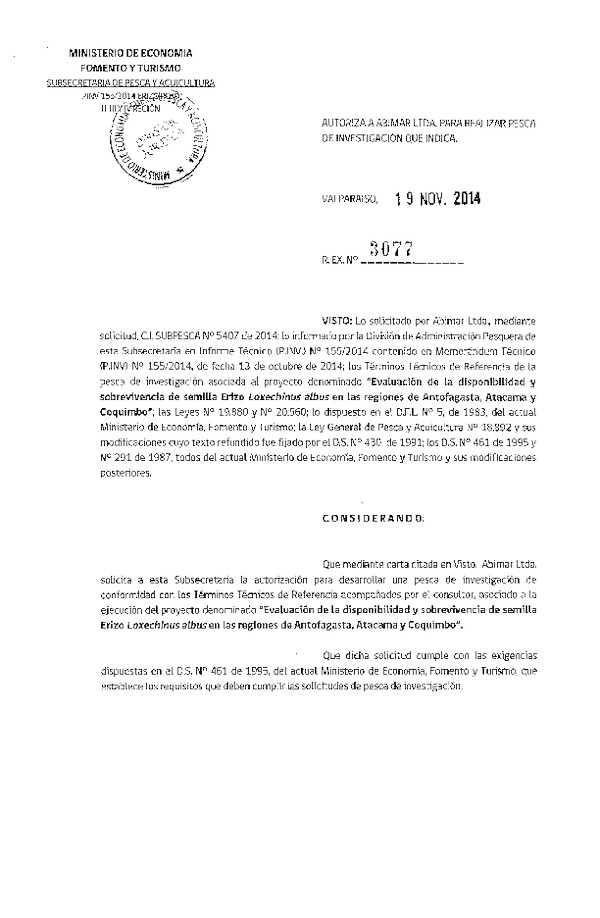 R EX N° 3077-2014 Evaluación de la disponibilidad y sobrevivencia de semilla Erizo, II-III-IV Regiones.