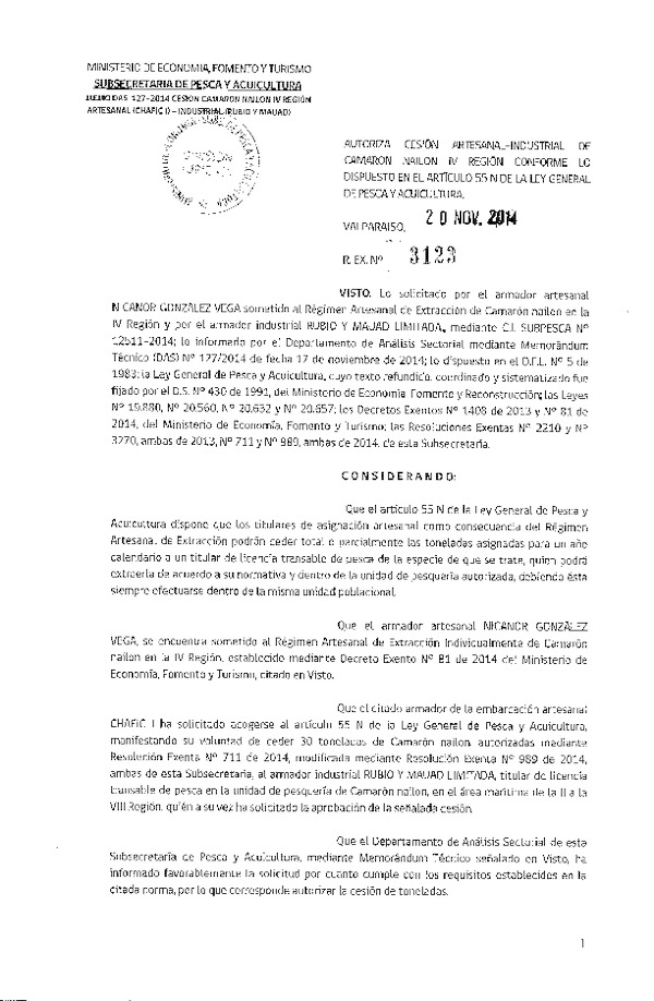 R EX N° 3123-2014 Autoriza Cesión Camarón Nailon IV Región.
