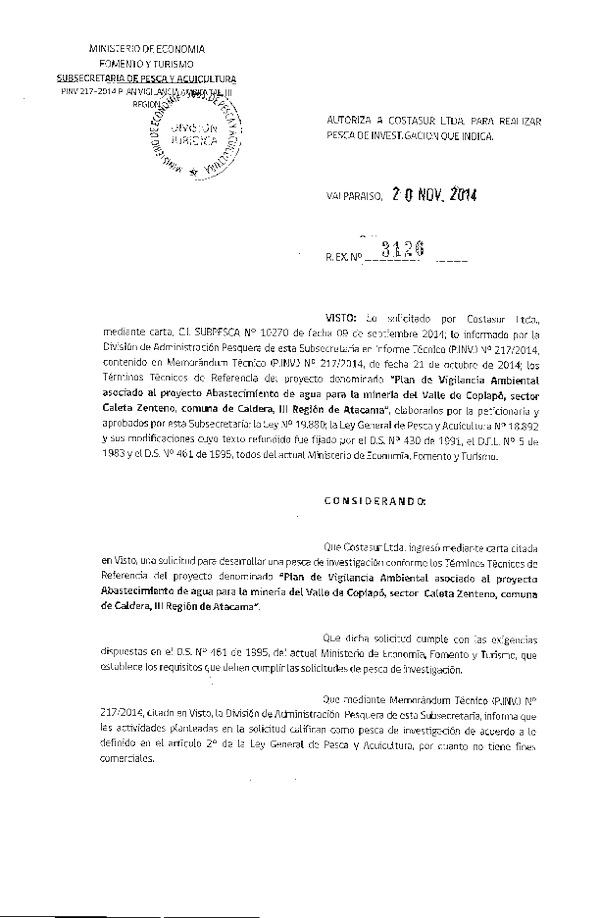 R EX N° 3126-2014 Plan de vigilancia ambiental asociado al proyecto Abastecimiento de agua para la minería del Valle de Copiapó, sector Caleta Zenteno, comuna de Caldera, III Región nde Atacama.