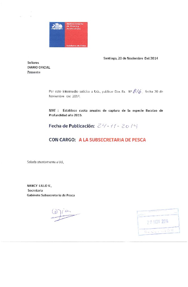 D EX Nº 816-2014, Establece Cuota Anual de Captura recurso Bacalao de Profundidad al Norte del Paralelo 47º L.S. año 2015. (Publicado en Diario Oficial 24-11-2014)