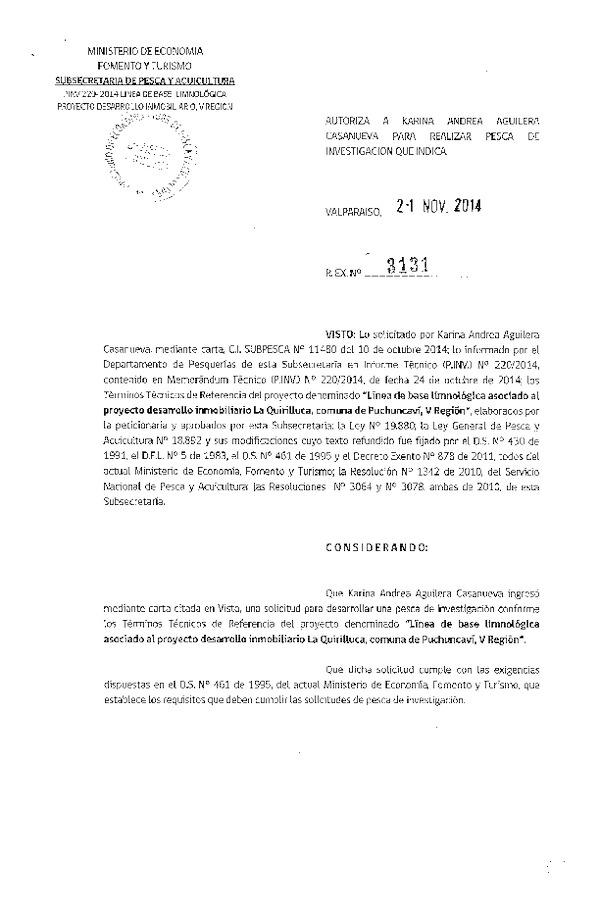 R EX N° 3131-2014 Línea de base limnológica asociado al proyecto desarrollo inmobiliario La Quirilluca, comuna de Puchuncaví, V Región.