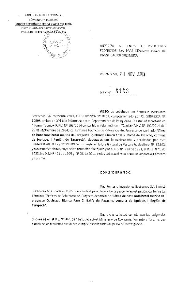 R EX N° 3133-2014 Línea de abse Ambiental marina del proyecto Quebrada Blanca Fase 2, Bagía de Patache, comuna de Iquique, I Región de Tarapacá.