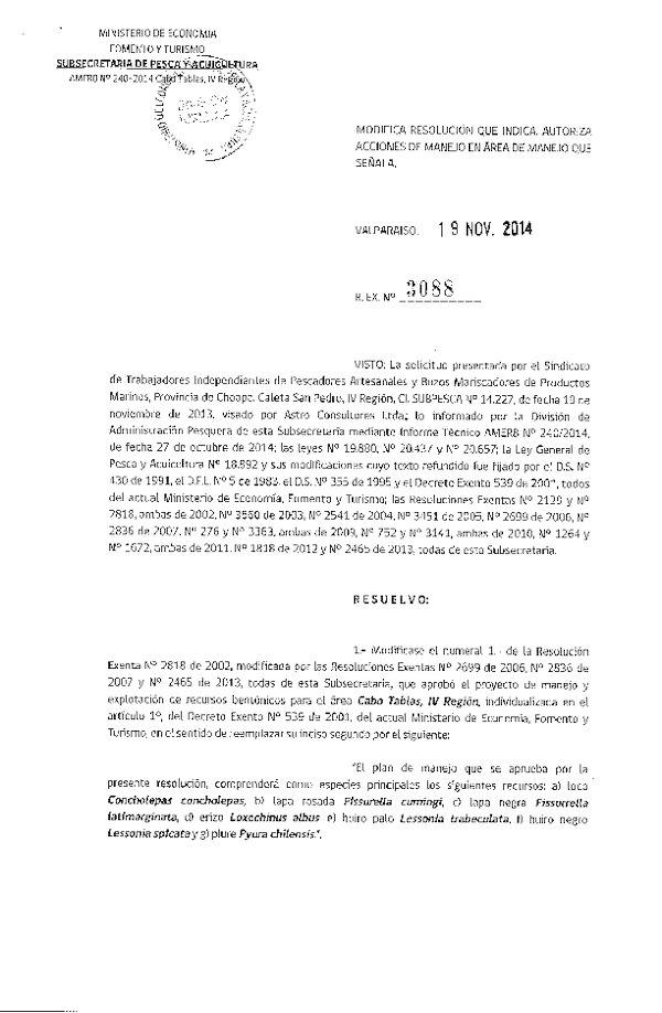 R EX N° 3088-2014 AUTORIZA ACCIONES DE MANEJO.