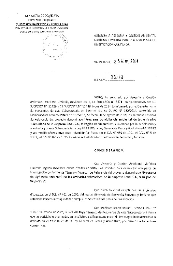 R EX N° 3200-2014 Programa de vigilancia ambiental de los emisarios submarinos de la empresa Esval S.A. V Región de Valparaíso.