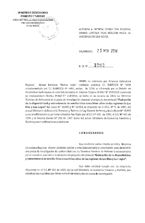 R EX N° 3202-2014 Evaluación de la disponibilidad y sobrevivencia de semilla Erizo regiones de Los Ríos y Los Lagos.