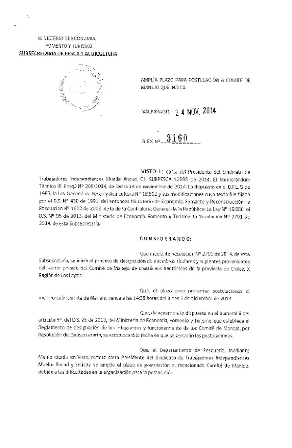 R EX N° 3160-2014 Amplía Plazo para Postulación a Comité de Manejo Pesquería Crústaceos Bentónicos X Región. (Publicada en Diario Oficial 28-11-2014)