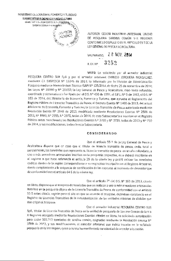 R EX N° 3252-2014 Autoriza Cesión Recurso Sardina común, VIII a VIII Región.