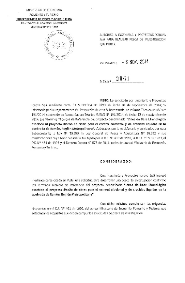 R EX N° 2961-2014 Línea de base Limnológica quebrada de Ramón, Región Metropolitana.