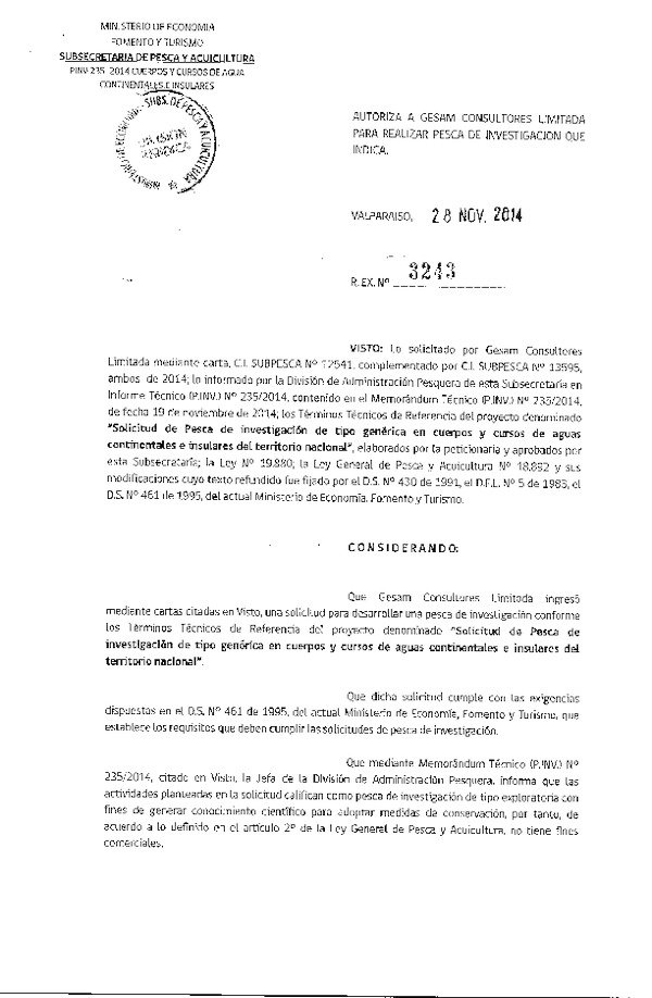 R EX N° 3243-2014 Solicitud de Pesca de investigación de tipo genérica en cuerpos y cursos de aguas continentales e insulares del territorio nacional.