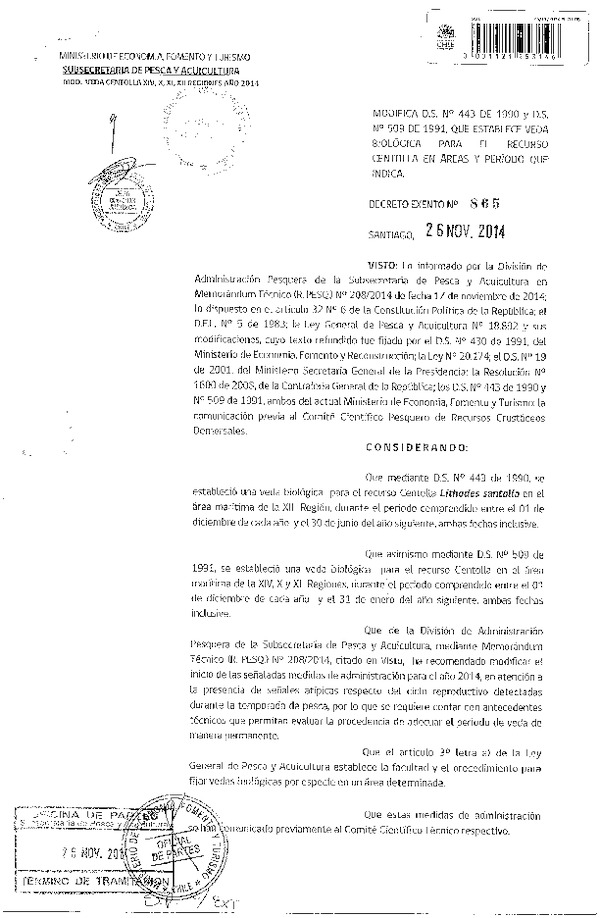 D EX N° 865-2014 Modfica D.S. N° 443-1990 y N° 509-1991, Veda Biológica Recurso Centolla, XIV, X, XI y XII Región. (Publicado en Diario Oficial 29-11-2014)