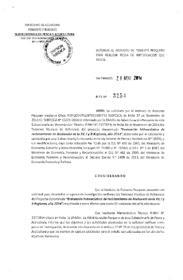 R EX N° 3254-2014 Evaluación Hidroacústica de reclutamiento de Anchoveta XV-II Región.