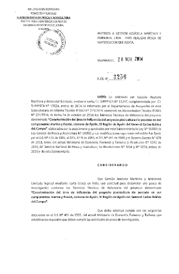 R EX N° 3256-2014 Caracterización del área de influencia del proyecto piscicultura río pescado en sus componentes marinos y fluvial. XI Región.