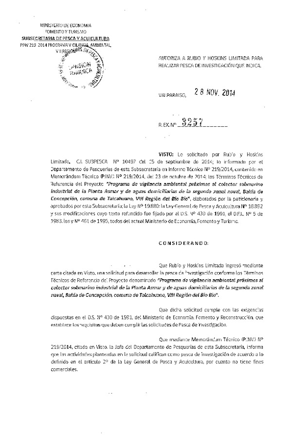 R EX N° 3257-2014 Programa de vigilancia ambiental, Bahía de Concepción, comuna de Talcahuano, VIII Región.