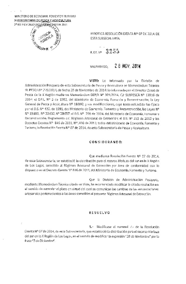 R EX Nº 3255-2014 Modifica R EX Nº 7-2014 Establece Distribución de la Fracción Artesanal de Pesquería de Merluza del sur por área en la X Región de Los Lagos, año 2014. (Publicada en Pag. Web 01-12-2014)