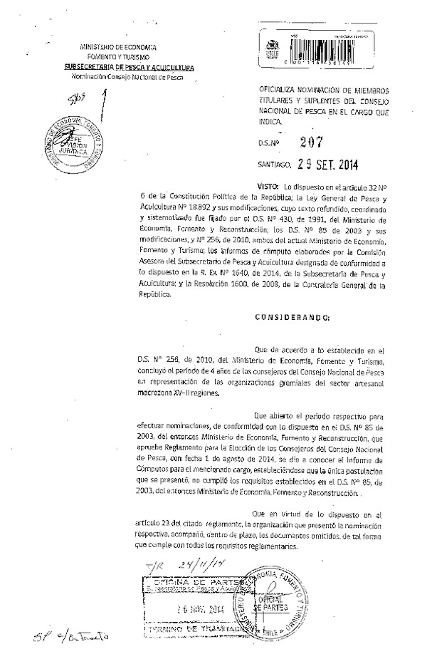 D.S. N° 207-2014 Oficializa Nominación de Miembros Titulares y Suplentes del Consejo Nacional de Pesca XV-I-II Región. (Publicado en Diario Oficial 02-12-2014)
