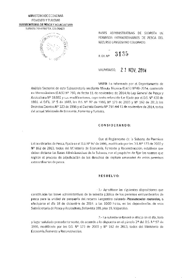 R EX N° 3135-2014 Bases Administrativas de Subasta de Permisos Extraordinarios de Pesca del Recurso Langostino Colorado.