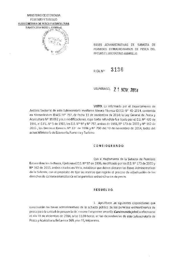 R EX N° 3136-2014 Bases Administrativas de Subasta de Permisos Extraordinarios de Pesca del Recurso Langostino Amarillo.