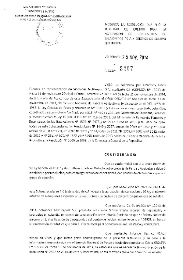 R EX N° 3207-2014 Modifica R EX N° 2827-2014 que fija densidades máximas de cultivo agrupación 10A.