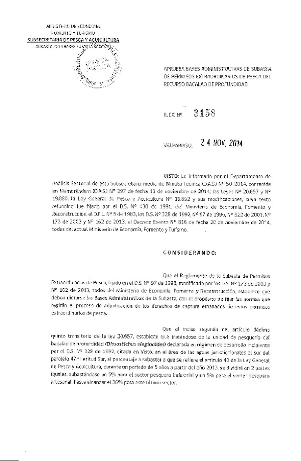 R EX N° 3158-2014 Aprueba Bases Administrativas de Subasta de Permisos Extraordinarios de Pesca del Recurso Bacalao de Profundidad.