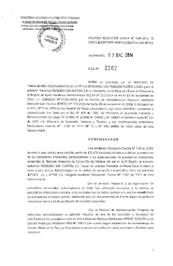 R EX N° 3267-2014 Modifica R EX Nº 540-2014 Autoriza Cesión Recurso Merluza del sur XI Región.