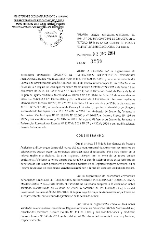 R EX N° 3269-2014 Autoriza Cesión Merluza del sur, XIV-X Región.