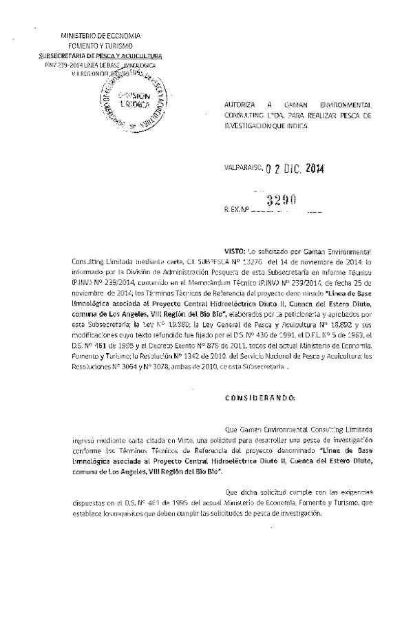 R EX N° 3290-2014 Línea de base limnológica asociada al proyecto Central Hidroeléctrica Diuto II, comuna de Los Angeles, VIII Región.