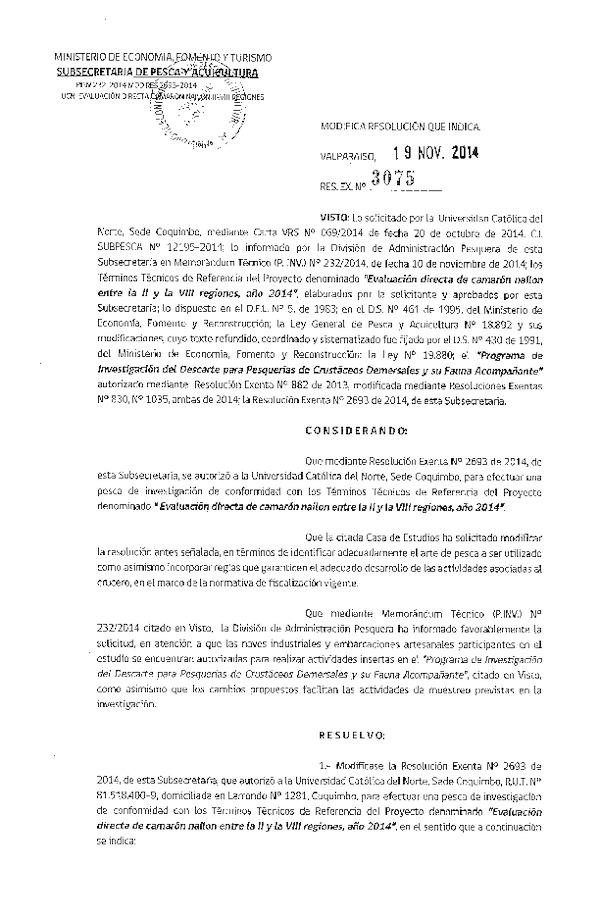 R EX N° 3075-2014 Pesca de Investigacion Camarón nailon II-VIII Regiones.