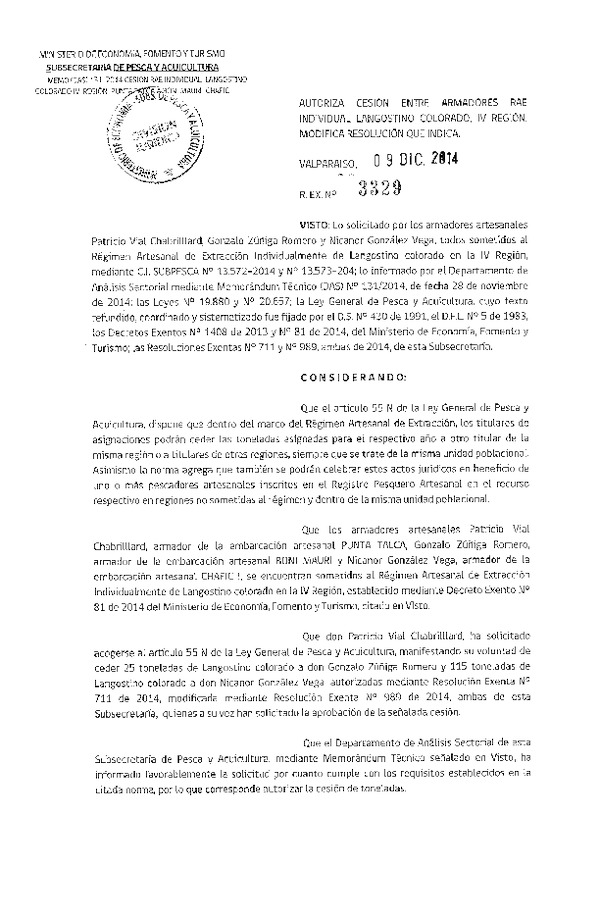 R EX N° 3329-2014 Autoriza Cesión Langostino colorado, IV Región. Modifica R EX N° 711-2014.