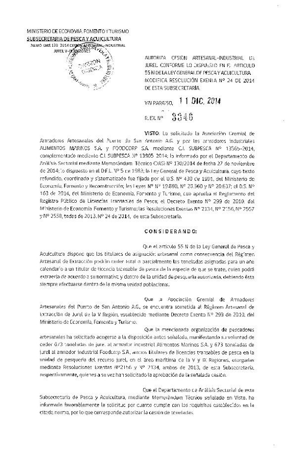 R EX N° 3346-2014 Autoriza Cesión Jurel. Modifica R EX N° 24-2014.