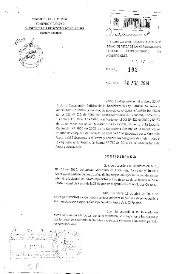 D.S. N° 193-2014 Declara Vacante Cargo Consejo Zonal de Pesca XII Región. (Publicado en Diario Oficial 12-12-2014)