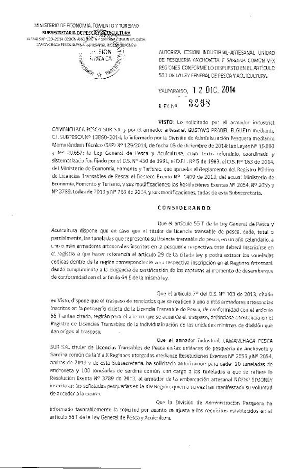 R EX N° 3368-2014 Cesión Anchoveta y Sardina común, XIV Región.