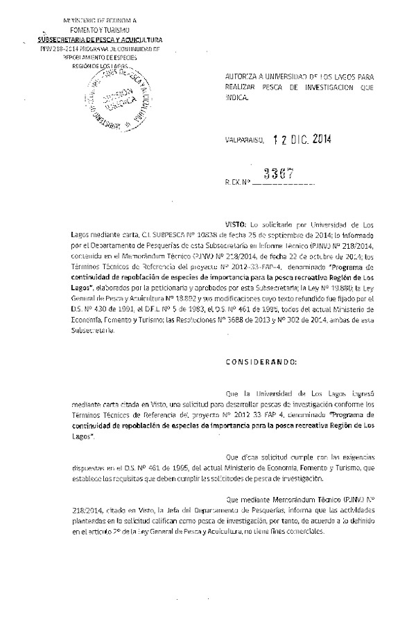 R EX N° 3367-2014 Programa de continuidad de repoblamiento de especies, X Región.