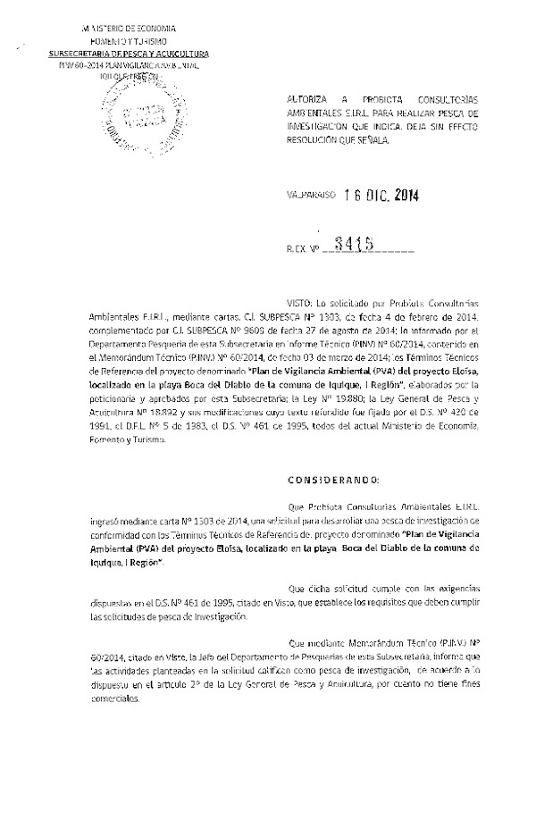 R EX N° 3415-2014 Plan de vigilancia ambiental (PVA) del proyecto Eloísa Playa Boca del Diablo de la comuna de Iquique, I Región.