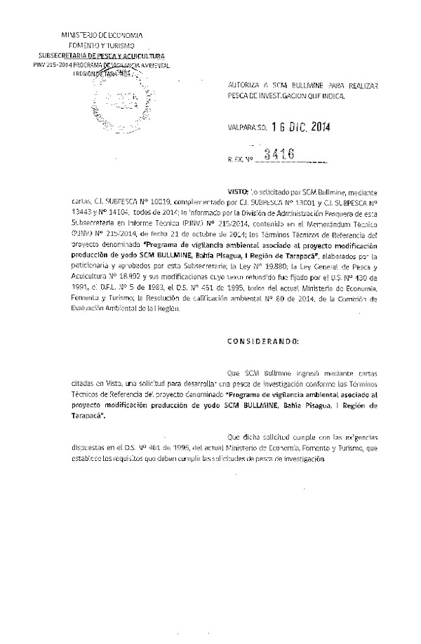 R EX N° 3416-2014 Programa de vigilancia ambiental asociado al proyecto modificación producción de yodo SCM BULLMINE, Bahía de Pisagua, I región.