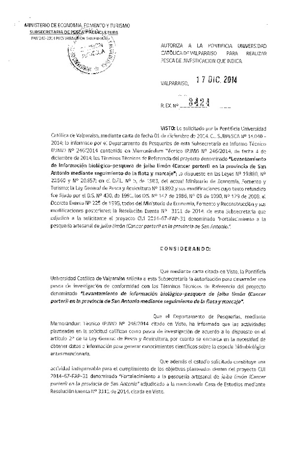 R EX N° 3424-2014 Levantamiento de información biológico-pesquera de Jaiba limón, Provincia de San Antonio, V Región.
