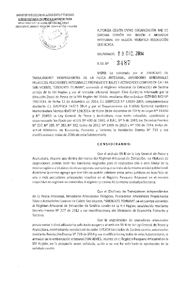 R EX N° 3487-2014 Autoriza Cesión Sardina común VIII a XIV Región.