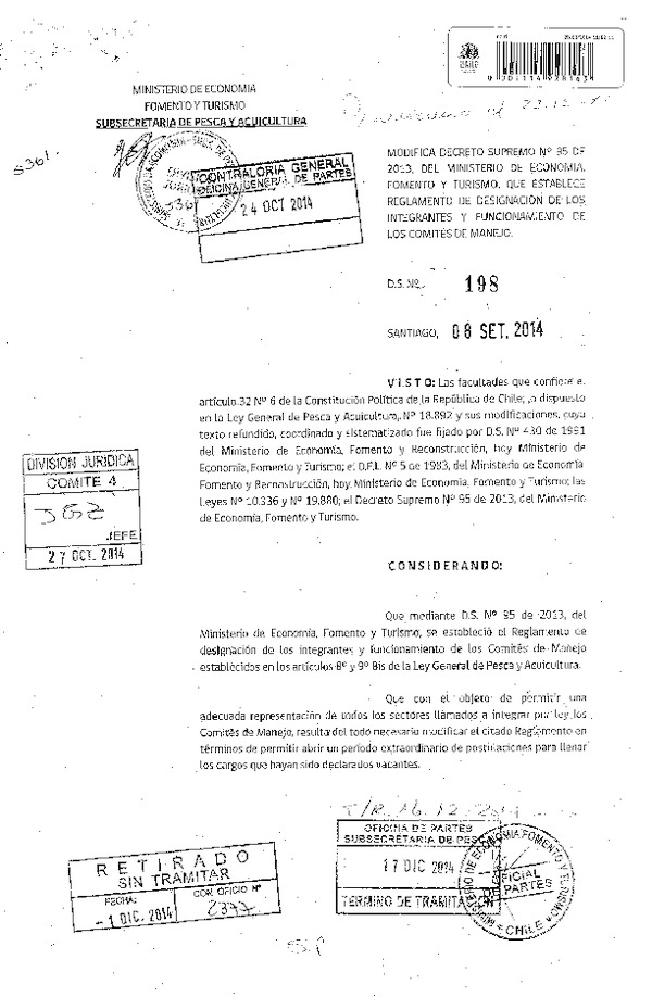 D.S. N° 198-2014 Modifica D.S. N° 95-2013, Que Establece Reglamento de Designación de los Integrantes y Funcionamiento de Los Comités de Manejo. (Publicado en Diario Oficial 22-12-2014)