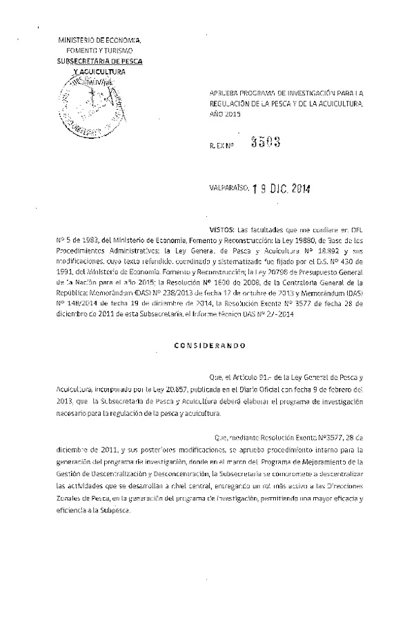 R EX Nº 3503-2014 Aprueba Programa de Investigación para la Regulación de la Pesca y Acuicultura Año 2015.