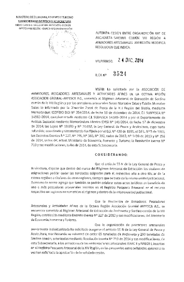R EX N° 3524-2014 Autoriza Cesión Anchoveta y Sardina común VIII a XIV Región.
