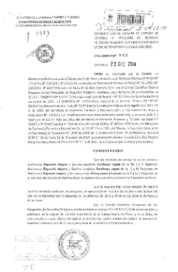 D EX N° 952-2014 Establece Cuotas Anuales de Captura, recursos Anchoveta, Sardina española y Sardina común, XV-II, III-IV y V-X Regiones. (Publicado en Diario Oficial 27-12-2014)