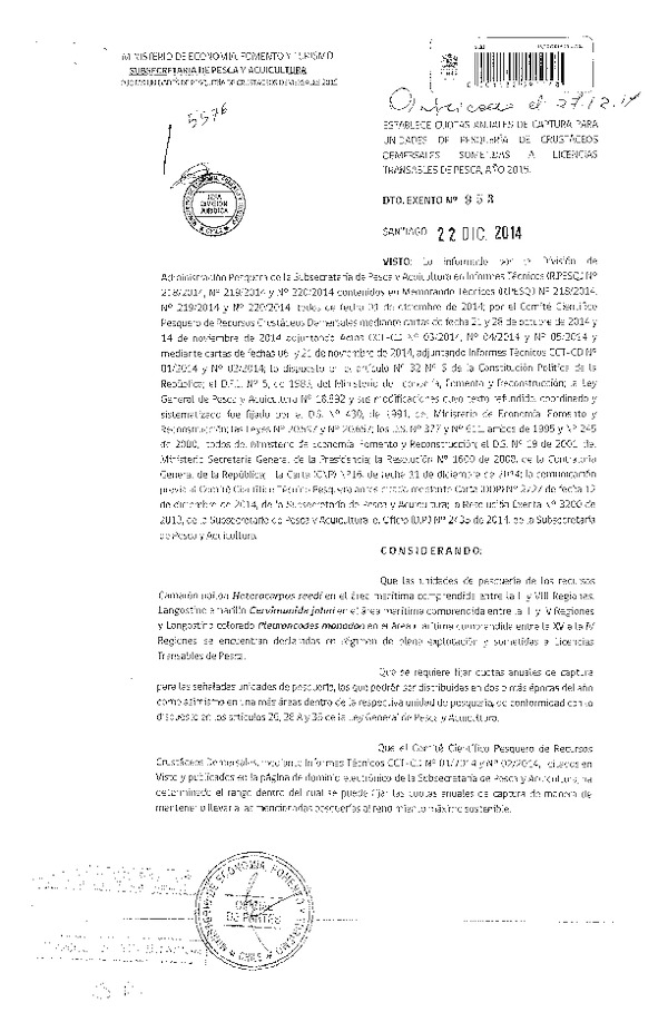 D EX N° 953-2014 Establece Cuotas Anuales de Captura, recursos Camarón nailón, Langostino Amarillo y Langostino colorado, II-VIII Regiones. (Publicado en Diario Oficial 27-12-2014)