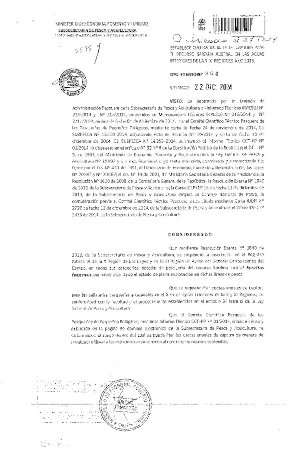 D EX N° 954-2014 Establece Cuotas Anuales de Captura, recurso Sardina austral Aguas interiores X-XI Regiones. (Publicado en Diario Oficial 27-12-2014)