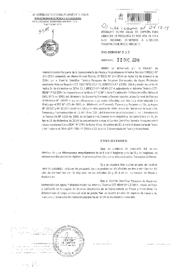 D EX N° 957-2014 Establece Cuota Anual de Captura recurso Merluza de cola V-XII Regiones, Sometidas a Licencias Transables de Pesca 2015. (Publicado en Diario Oficial 27-12-2014)