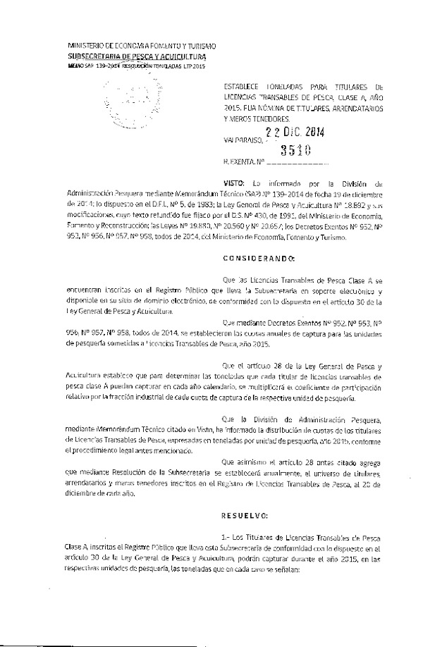 R EX N° 3510-2014 Establece Toneladas para Titulares de Licencias Transables de Pesca Clase A, año 2015. Fija Nómina de Titulares, Arrendatarios y Meros Tenedores. (Publicada en Diario Oficial 27-12-2014)