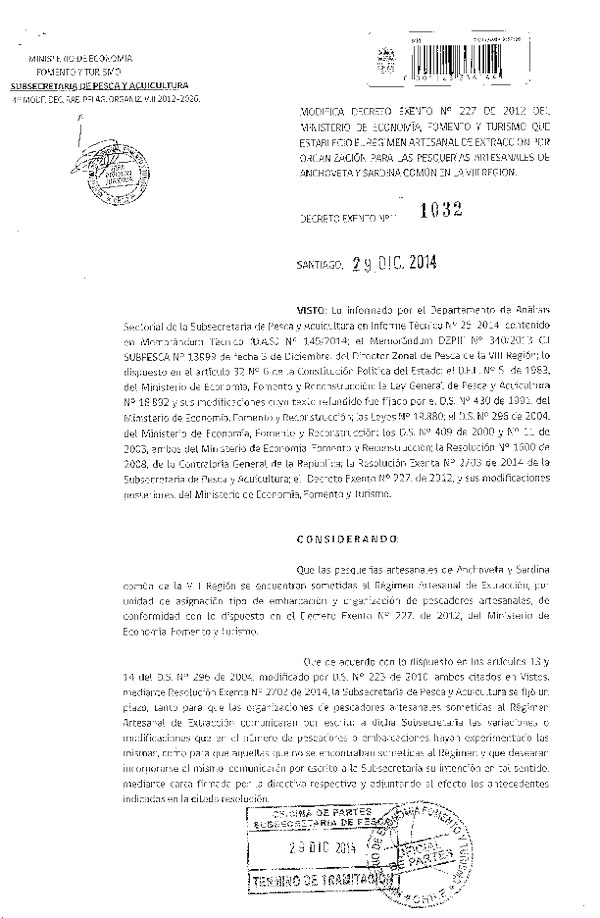 R EX N° 1032-2014 Modifica D EX Nº 227-2012 Establece Régimen Artesanal de Extracción por unidad de asignación Anchoveta y Sardina común, VIII Región. (Publicado en Diario Oficial 31-12-2014)