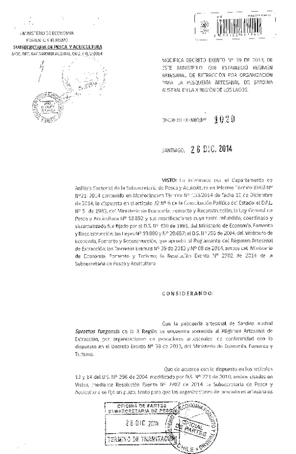 D EX N° 1029-2014 Modifica D EX N° 39-2013 Que Establece Régimen Artesanal de Extracción, Sarina Austral, X Región. (Publicado en Diario Oficial 31-12-2014)