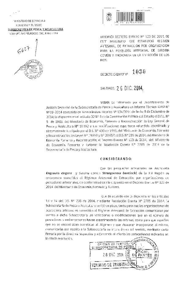 D EX N° 1030-2014 Modifica D EX N° 123-2014 Que Dejó sin efecto D EX N° 1966-2009. Establece Régimen Artesanal de Extracción por Organización, Anchoveta y Sardina, XIV Región. (Publicado en Diario Oficial 31-12-2014)