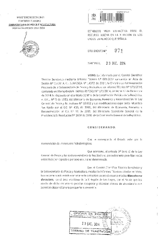 D EX Nº 971-2014 Establece Veda extractiva para el recurso Macha, en la X Región. (Publicado en Diario Oficial 31-12-2014)