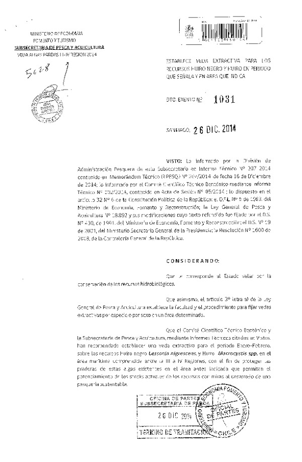 D EX Nº 1031-2014 Establece Veda Extractiva para los Recursos Huiro negro y Huiro, III-IV Región. (Publicado en Diario Oficial 31-12-2014)